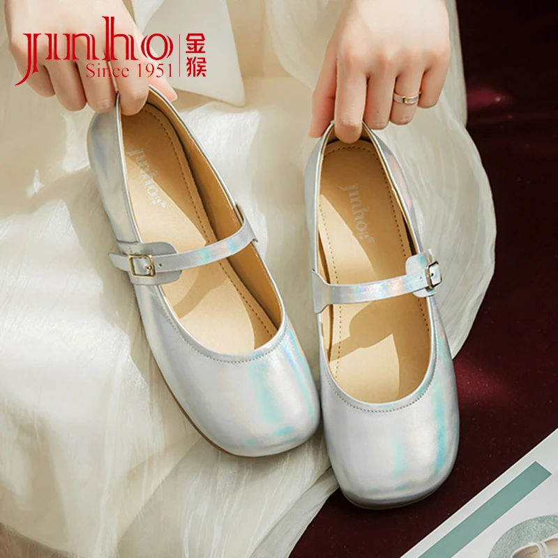 Jinho/金猴法式玛丽珍鞋女春夏浅口百搭平底软皮银色单鞋SQ59163A
