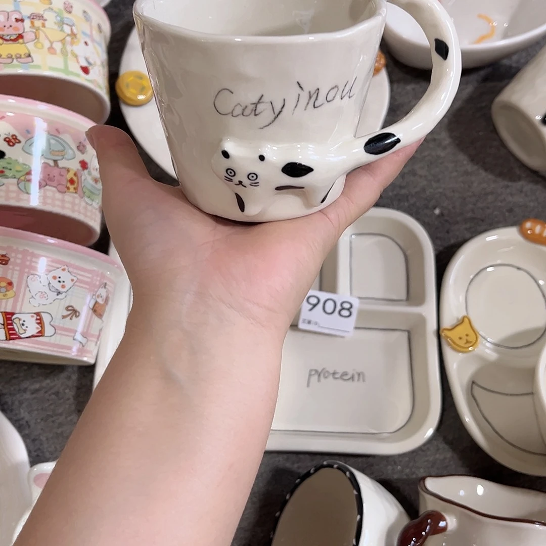 爆款重工白猫陶瓷餐具杯子