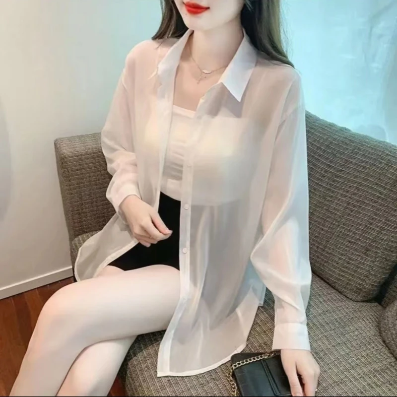 【女士衬衣】珠光纱防晒衬衫时尚百搭高端显瘦设计感中长款白色长袖