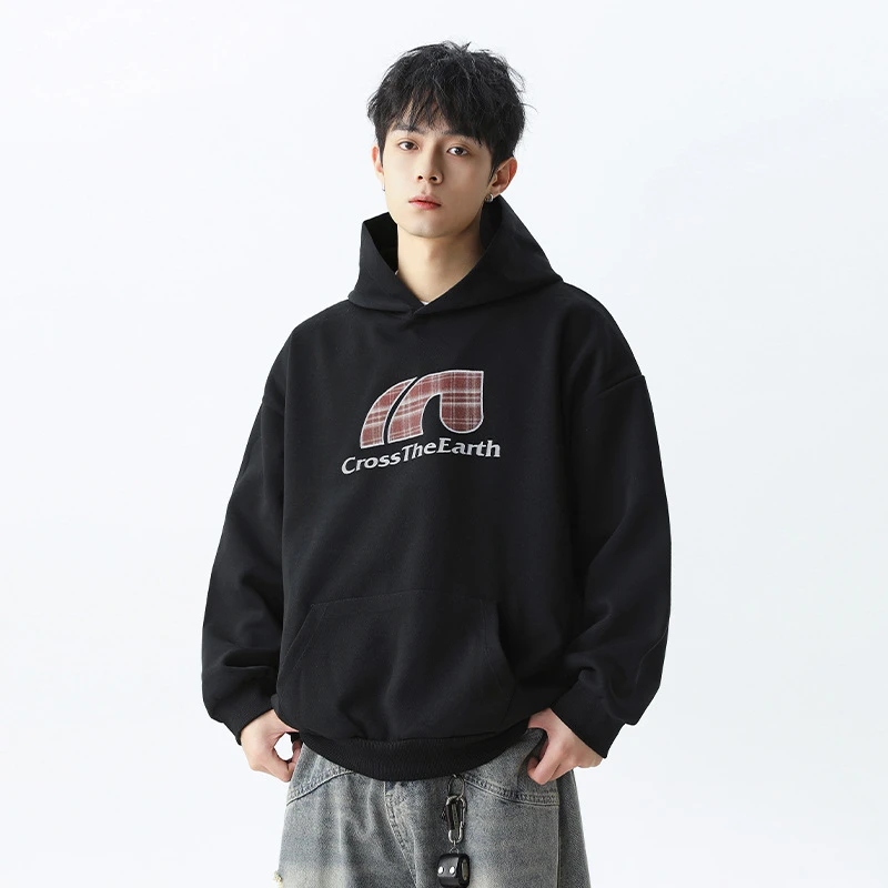 美式复古格纹印花连帽卫衣男新款潮牌连帽衫宽松美式vintage外套