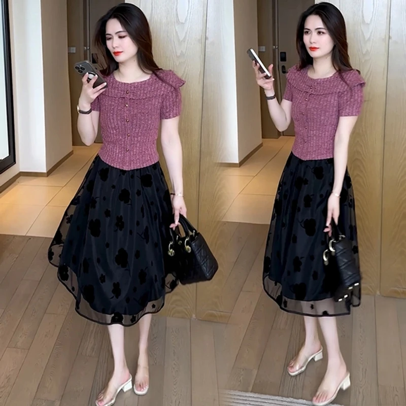 小香风一字领洋气短袖T恤圆领高腰常规T恤时尚纯色纽扣休闲气质