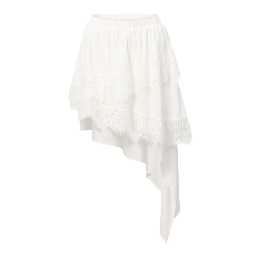 25夏季半身裙肌理感拼蕾丝斜下摆蛋糕裙甜美百搭设计师品牌集合