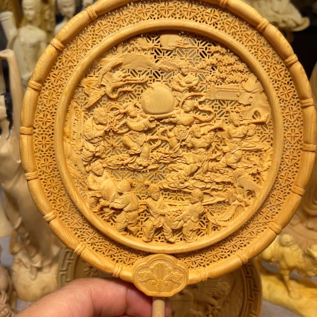 黄杨木百子图扇子