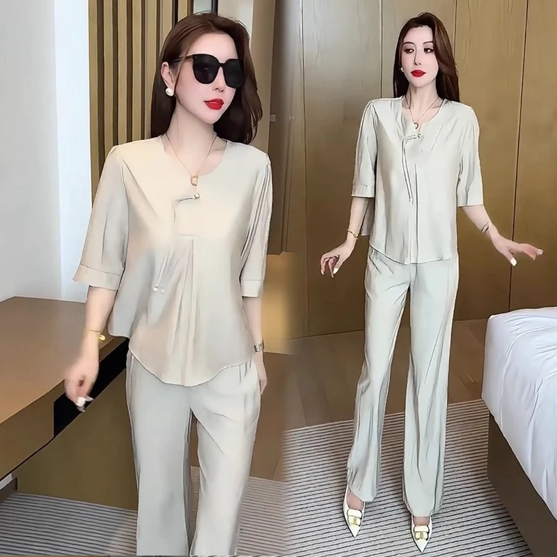 时尚轻奢套装女2025夏季新款洋气宽松显瘦短袖上衣阔腿裤两件套潮
