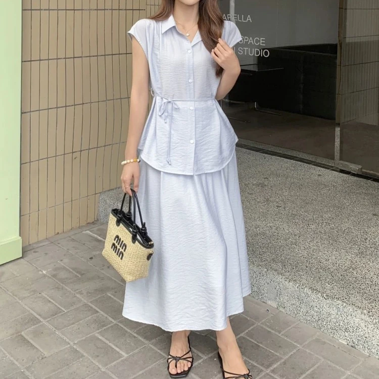 无印心匠D81015-2韩系宽松衬衫搭配松紧腰半身裙时尚套装K390