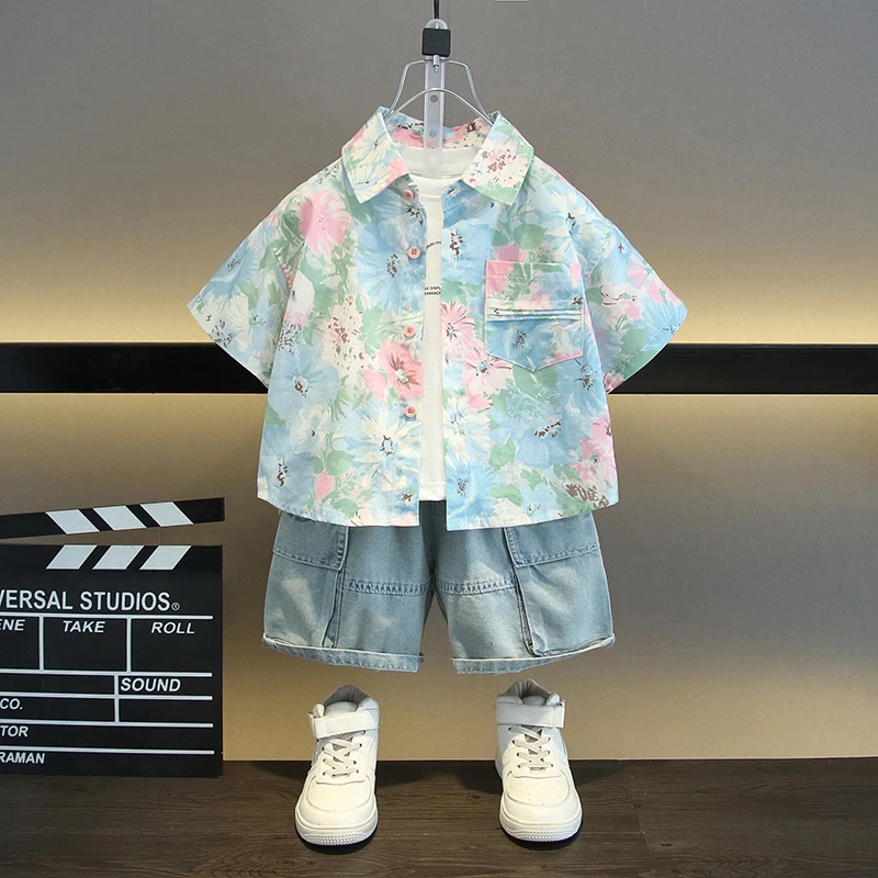 男童套装夏装2025新款宝宝短袖衣服儿童花衬衫沙滩夏日穿搭炸街潮