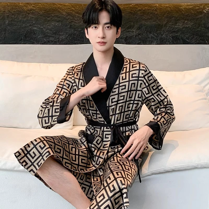 吉伦略索凉感睡袍男夏季薄款高级感中长款浴袍宽松晨袍家居服睡衣