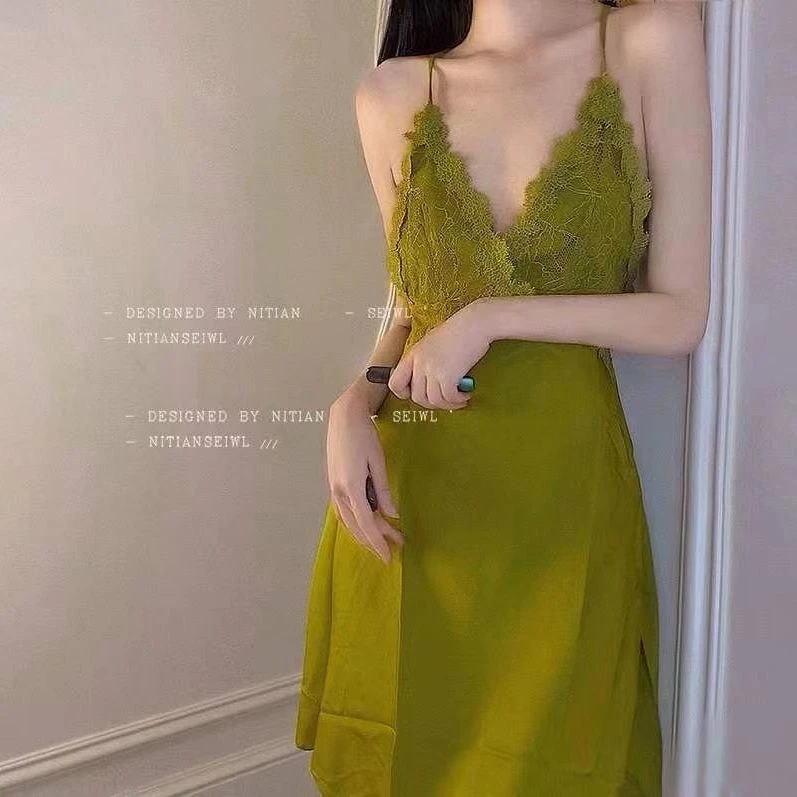 睡衣女夏天冰丝带胸垫薄款蕾丝美背性感吊带睡裙ins风性感纯欲风