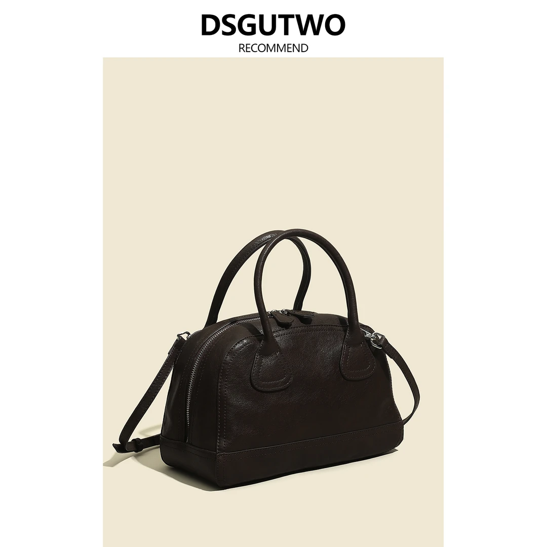 DSGUTWO 植鞣牛皮高级感手工真皮波士顿包百搭女包新款保龄球包