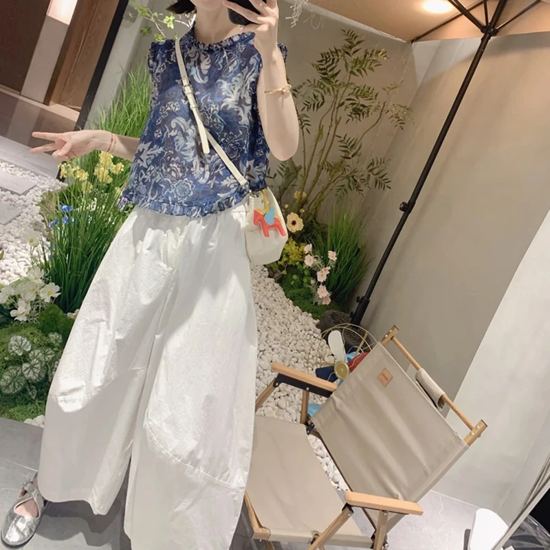 2025年夏季新款网红流行两件套女圆领无袖上衣高腰纯色休闲裤套装