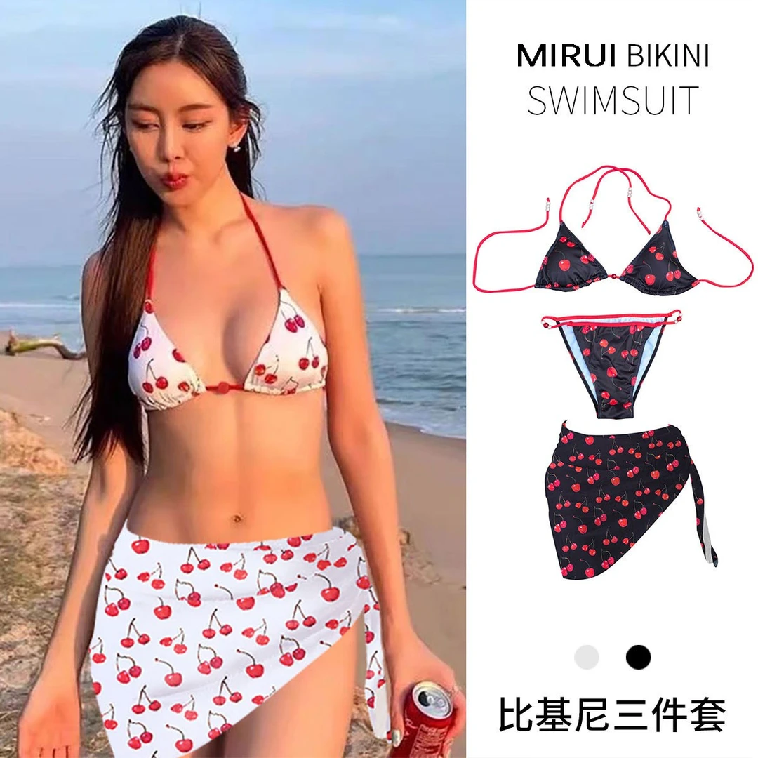 法式泳衣女小樱桃超性感比基尼三点式绑带小胸度假泡温泉游泳泳装