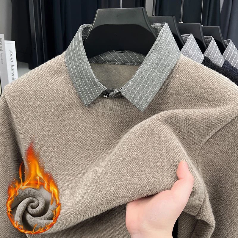 【加绒加厚】男士冬季商务休闲长袖假两件纯色针织衫衬衫领保暖上衣