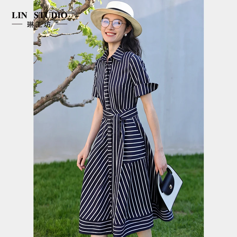 【棉】琳工坊兰昔藏蓝白条纹连衣裙气质休闲通勤夏季唐琳设计师