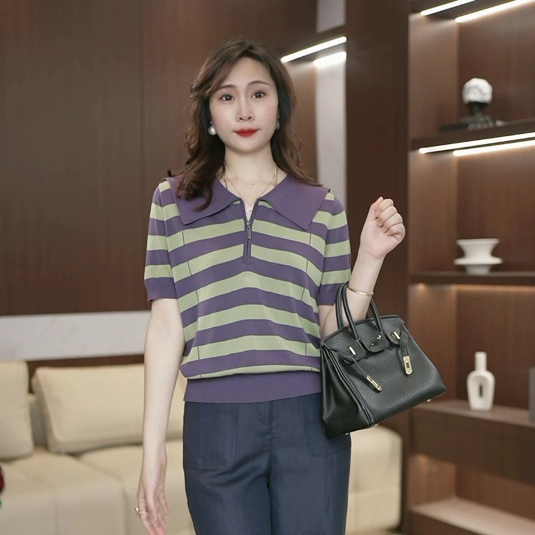 天丝条纹针织衫女夏季2025新款宽松舒适薄款海军风翻领上衣3078