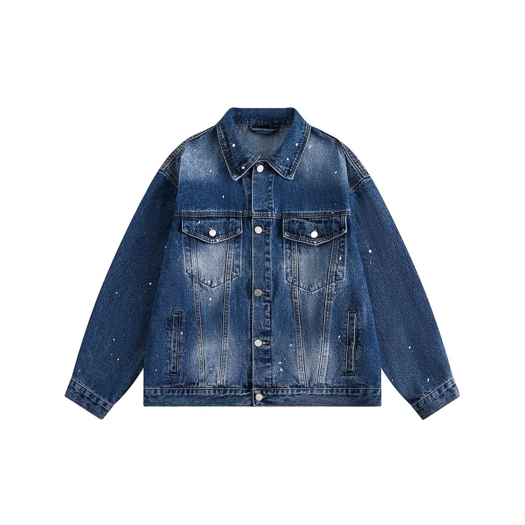 时尚渐变长袖春季男牛仔翻领复古补丁牛仔夹克外套