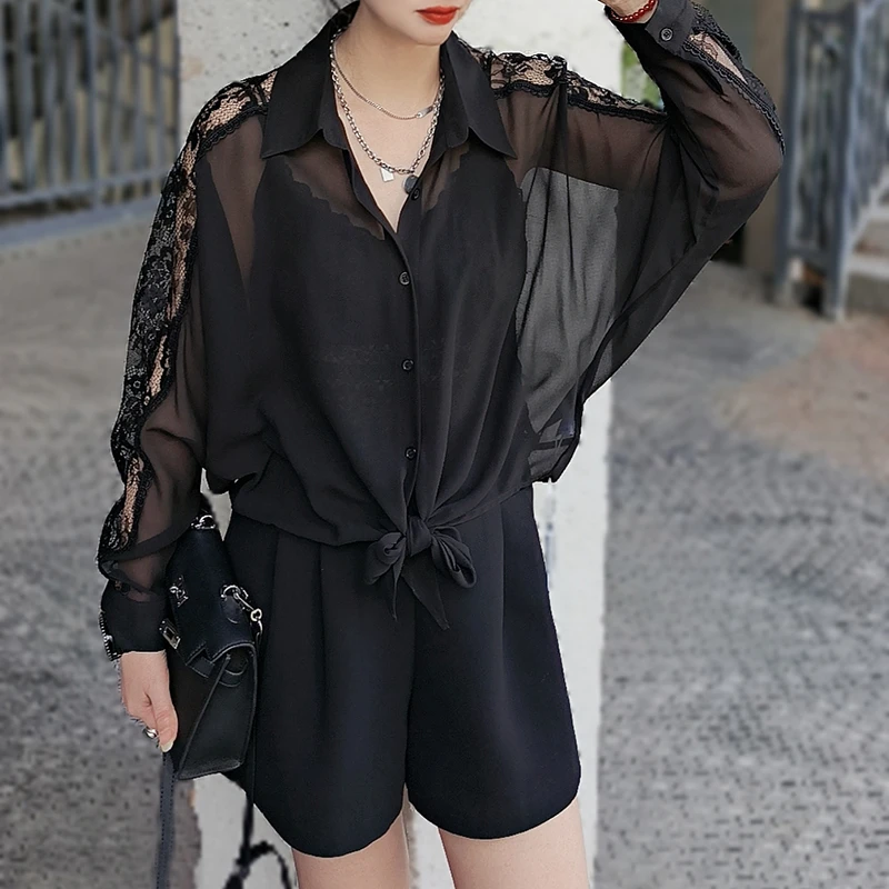 法式复古薄款蕾丝拼接雪纺上衣女528-2537