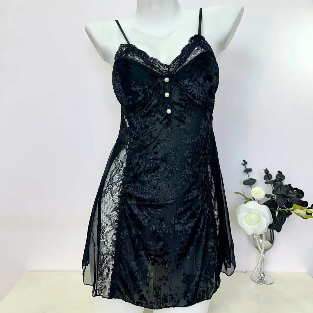 2025年性感内衣纯欲风吊带睡裙女薄款蕾丝心机开叉睡衣性感薄款