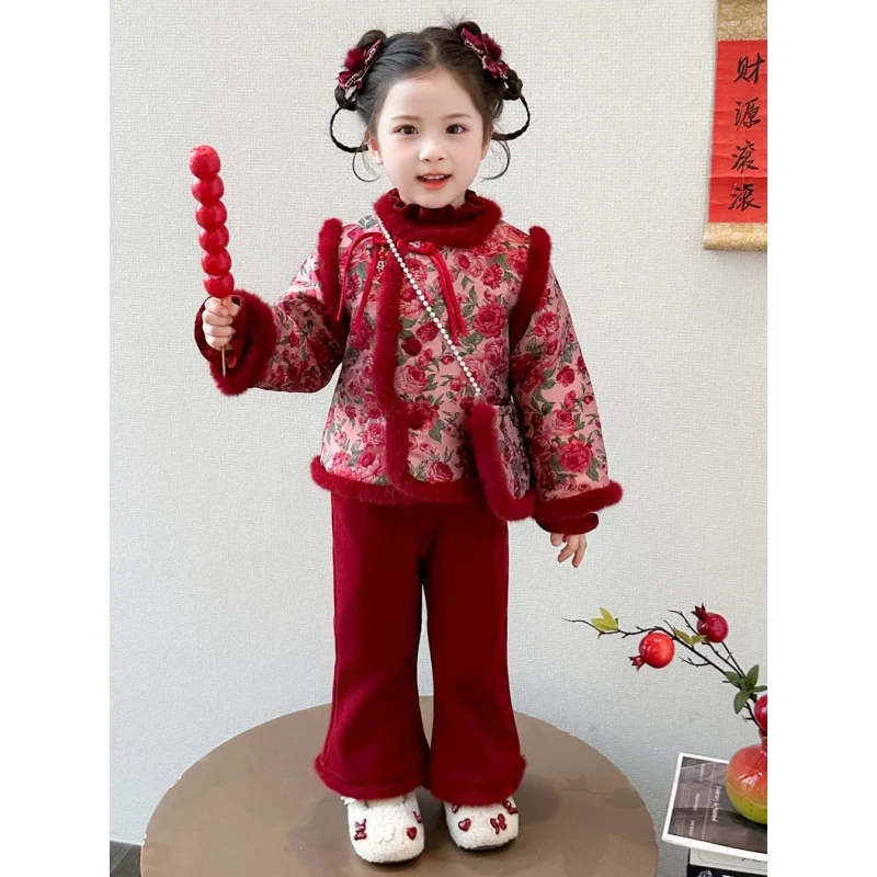 汉服女童加厚拜年服冬2025新款儿童喜庆过年衣服宝宝国风加绒套装