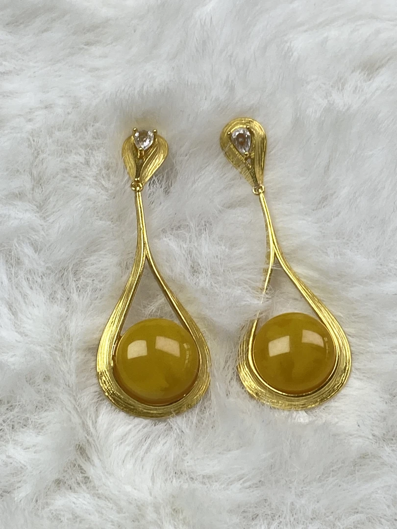 天然琥珀蜜蜡耳坠银925