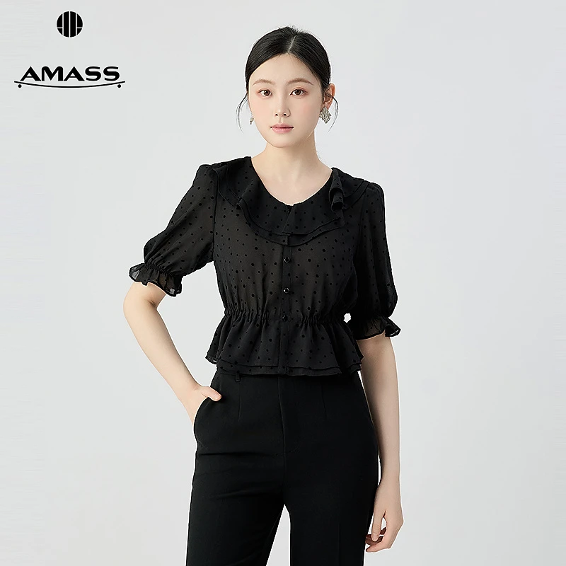 阿玛施AMASS新款春夏百搭优雅植绒波点圆领荷叶袖薄款上衣530093
