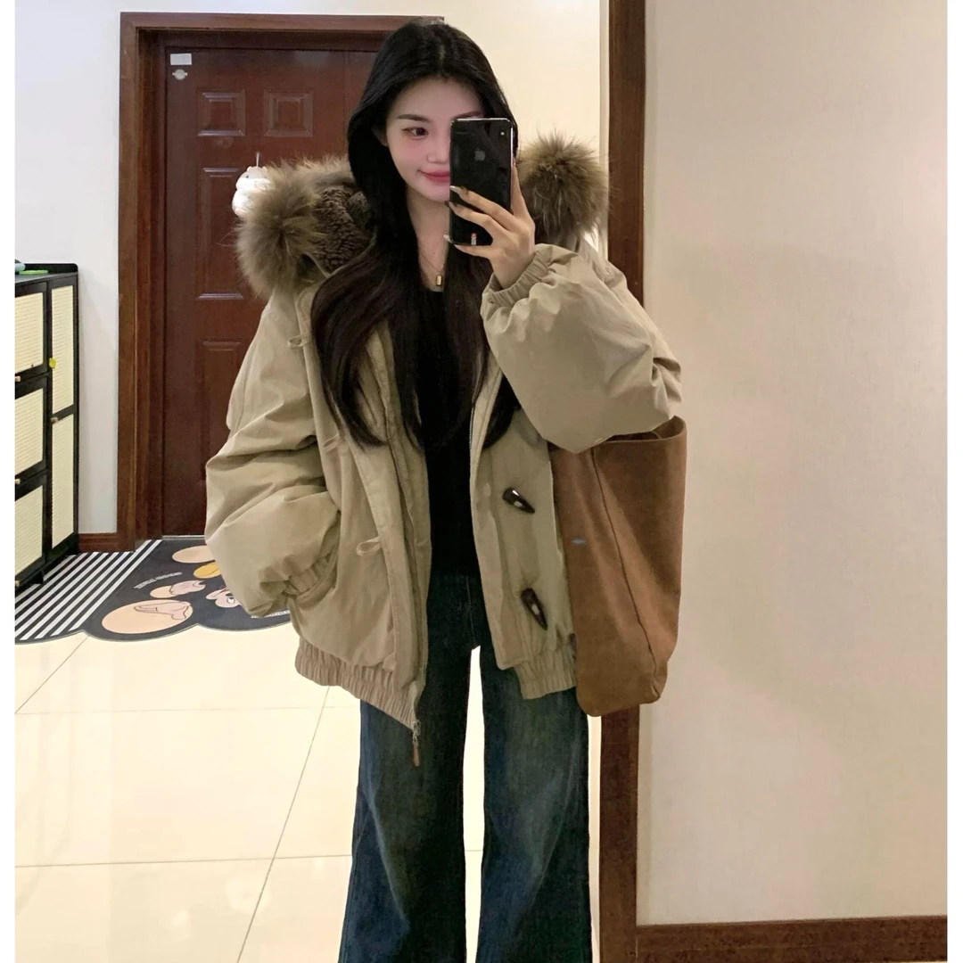 棉服女冬季外套韩系2025新款大毛领加厚宽松派克服牛角扣棉衣棉袄