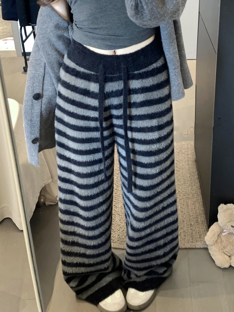 撞色条纹针织休闲裤加绒直筒裤女秋冬新款高腰加厚百搭拖地裤长裤