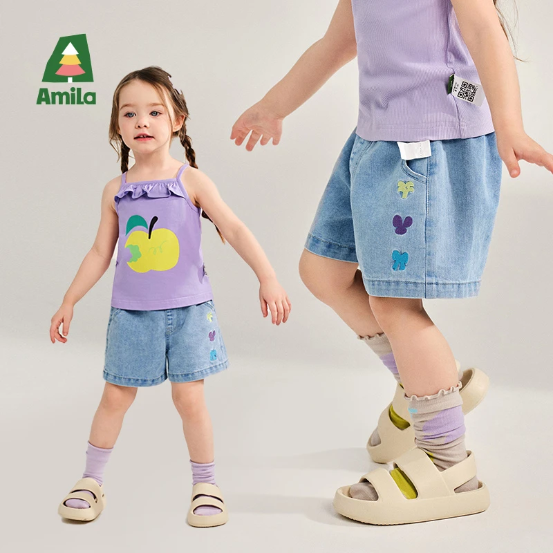 Amila啊咪啦儿童2025年夏季花边造型软牛仔裤短裤ZX5NZ120