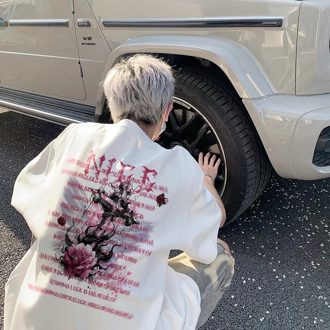 美式玫瑰印花纯棉短袖t恤男女夏季oversize潮牌宽松情侣百搭上衣