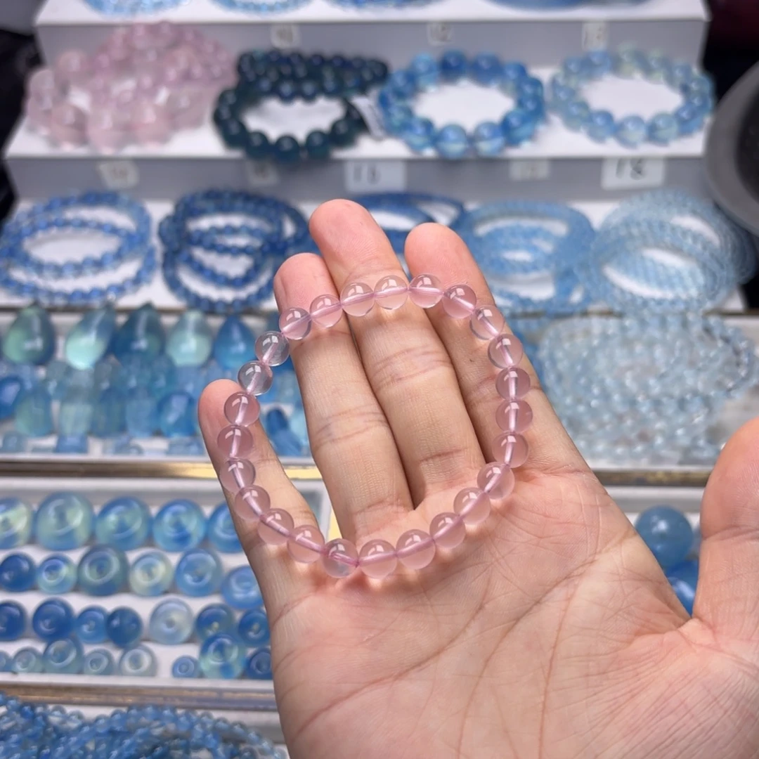 水晶手链银S925镶嵌净体粉水晶7+