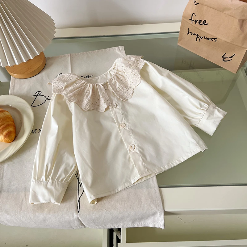 橘止皮【现货】CY256065春季新款儿童衬衫女童花边领长袖衬衣娃娃衫