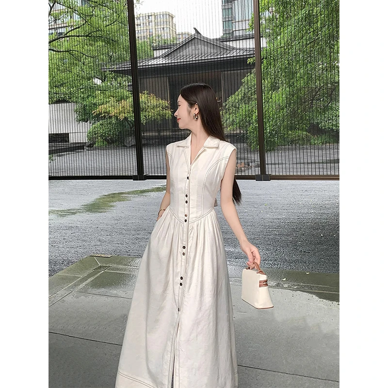 法式无袖牛仔连衣裙女2025夏日爆款翻驳领高腰气质系带A字长裙子