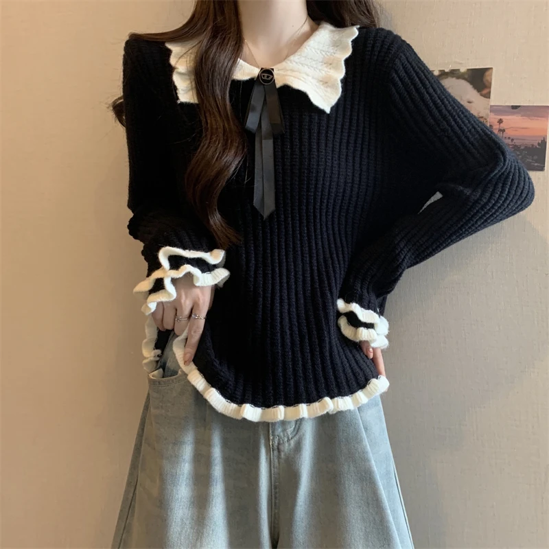 大码女装秋冬胖妹妹撞色娃娃领木耳边胖mm针织短款毛衣百搭气质