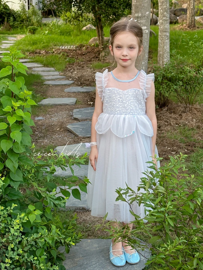 亮片春季女短袖夏季儿童半身裙连衣裙时尚小童宝宝法式蕾丝泡泡袖