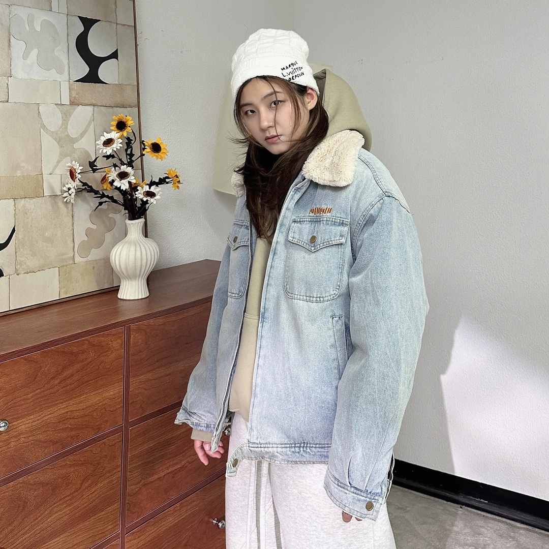 冬季新款水洗牛仔棉服翻领环保毛长袖保暖棉衣宽松美式上衣男女款