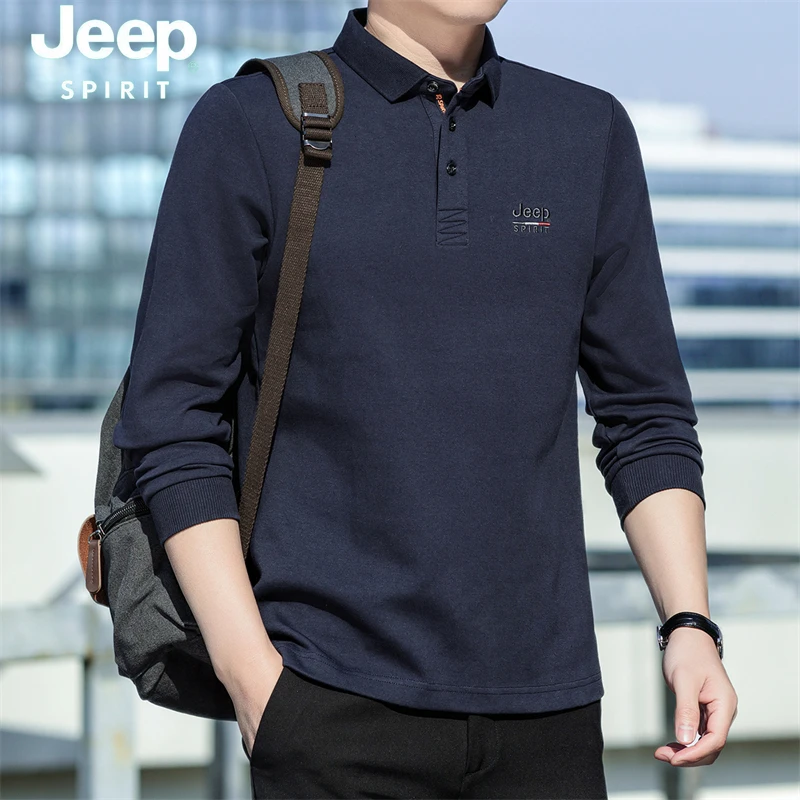 JEEP吉普长袖t恤男春秋季棉质运动宽松翻领刺绣休闲男士Polo衫