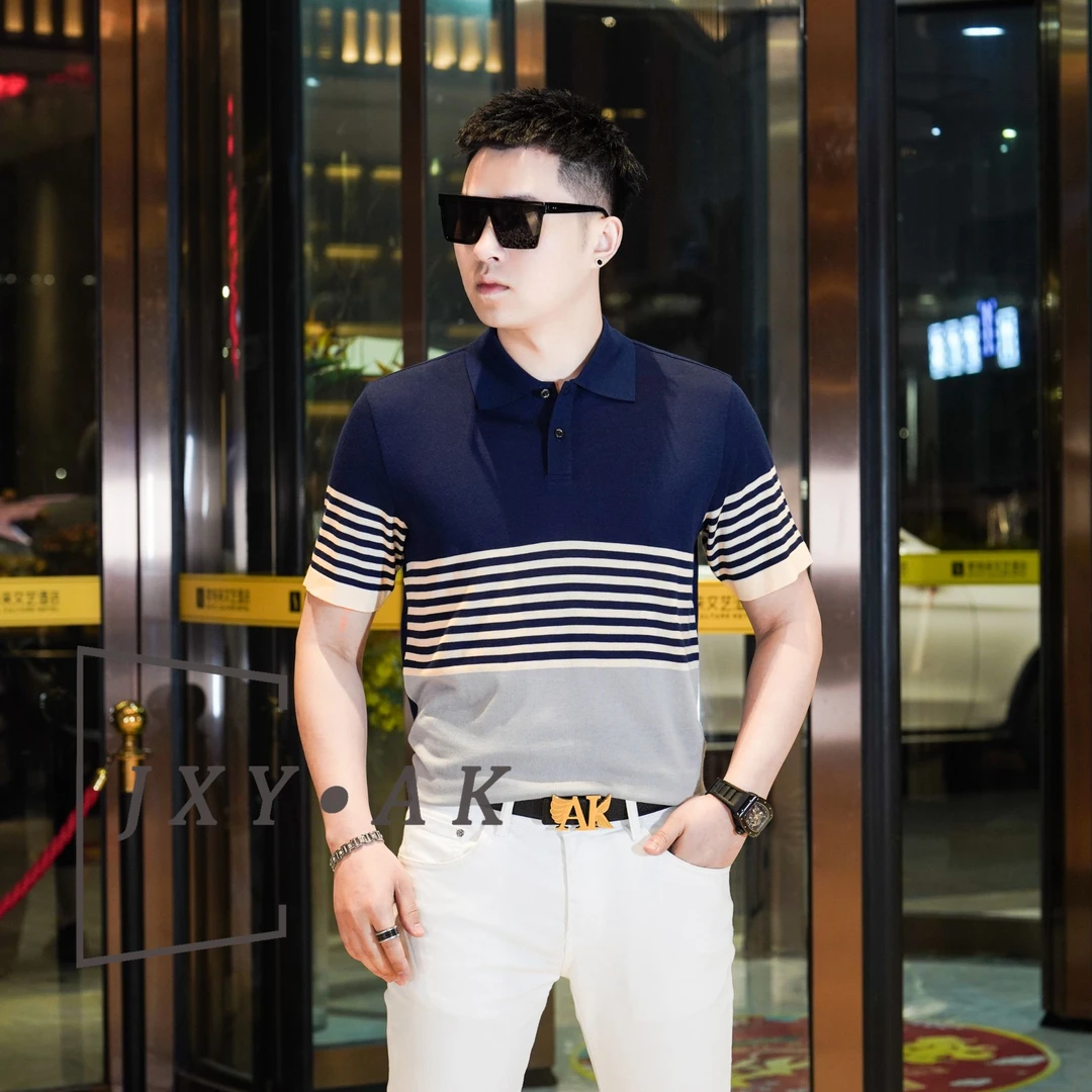男士桑蚕丝polo衫夏季透气翻领T恤拼接条纹薄款宽松休闲短袖男款