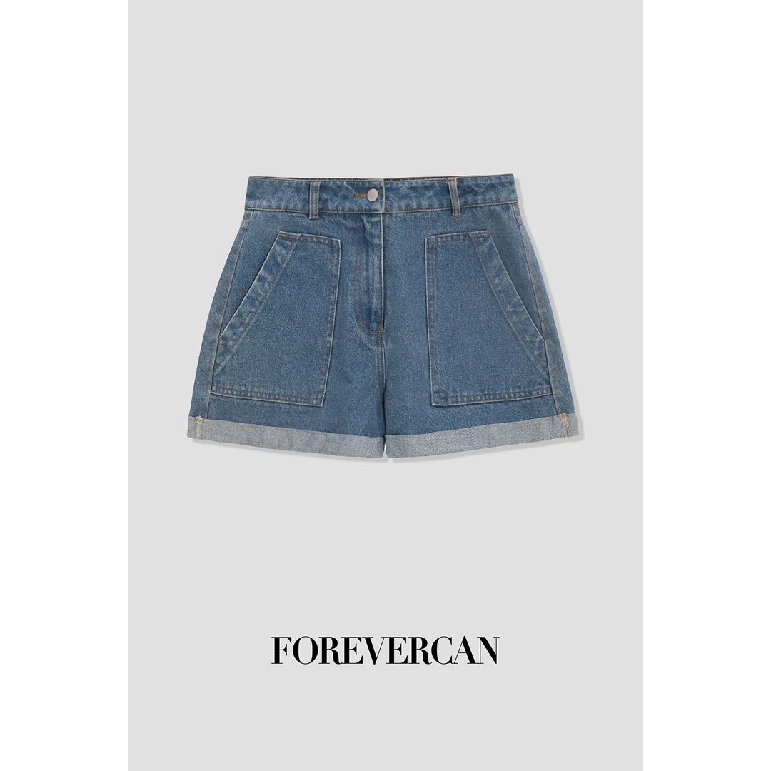 FOREVERCAN新款高级感复古做旧牛仔高腰卷边A字短裤 CANSP13447