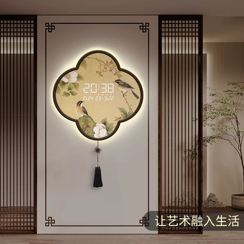 新中式客厅钟表电子时钟万年历2025年新款玄关装饰画挂画复古挂钟