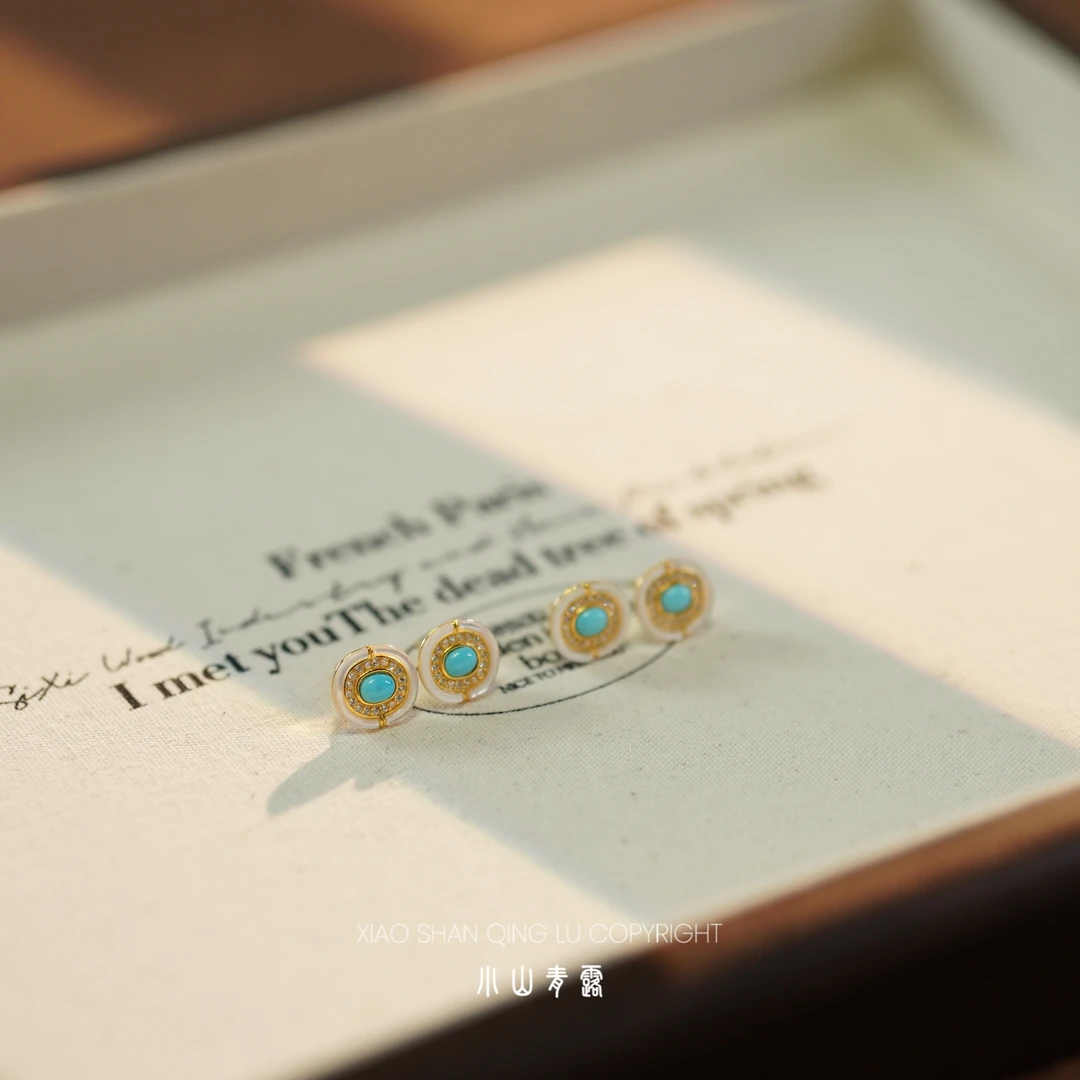 【BLS1119】原矿绿松石贝母款耳钉S925银镶嵌-多样性发其一（发一对）