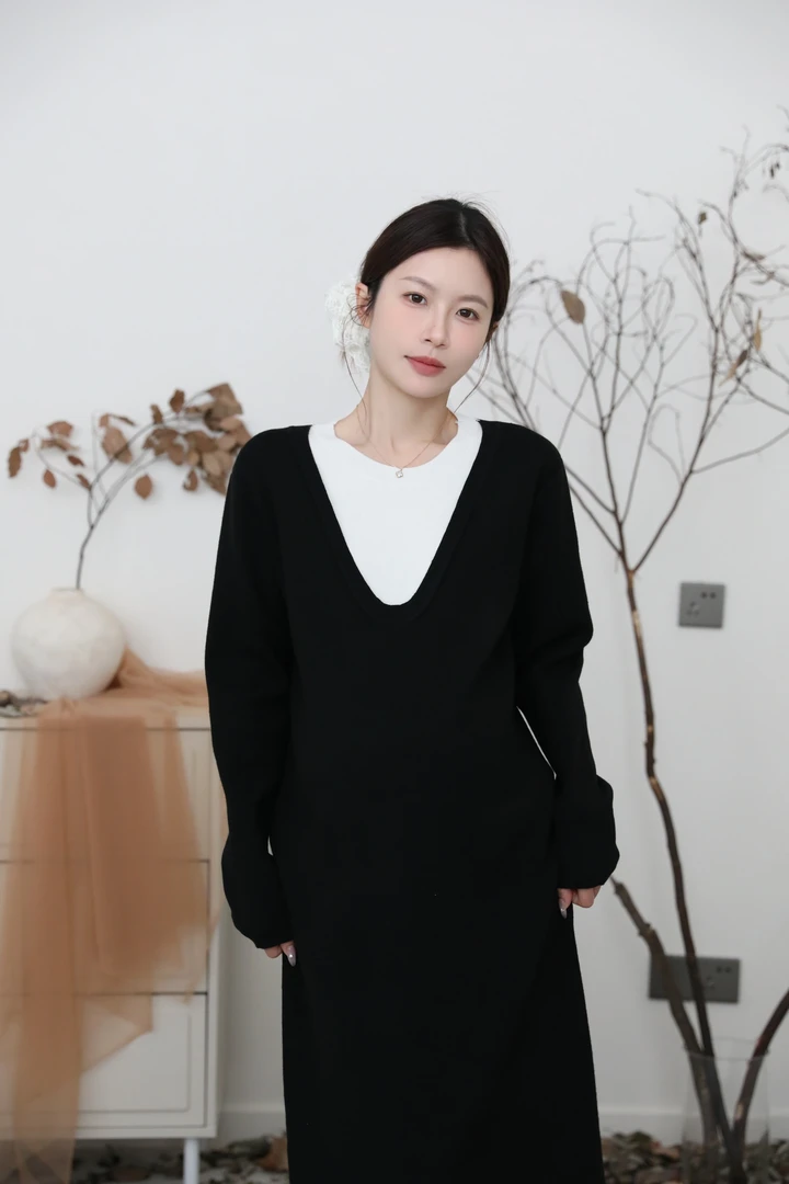 senenmu 假两件圆领连衣裙 秋冬新款显瘦宽松百搭孕妇装针织裙