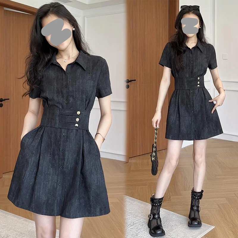复古港风气质收腰显瘦短袖连衣裙女夏高级感小个子掐腰A字短裙子