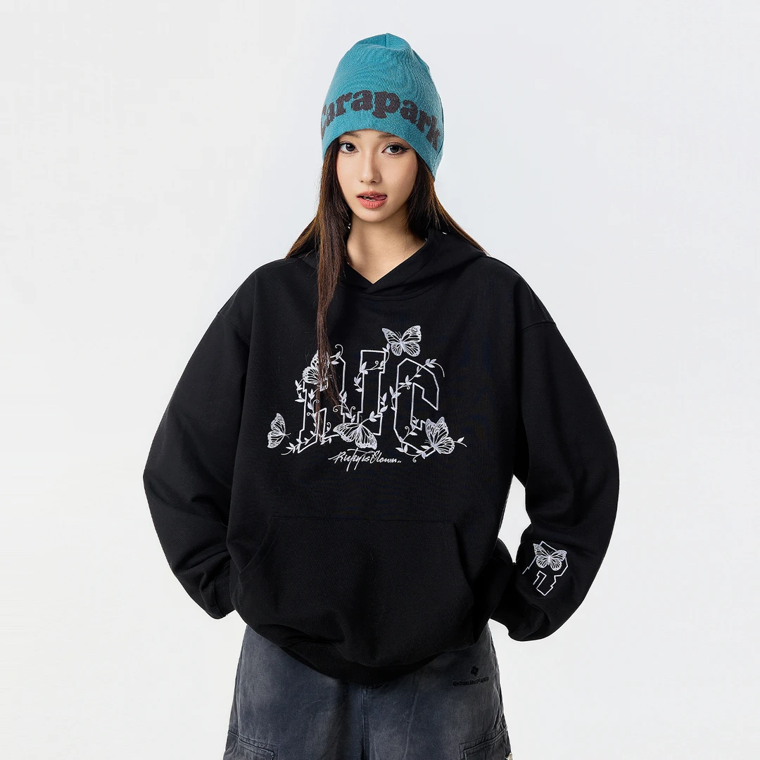 RickyIsClownRIC蝴蝶藤蔓绣花连帽卫衣男宽松潮牌情侣装帽衫外套