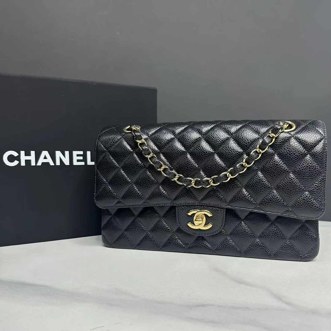 95新 Chanel/香奈儿 黑金鱼子酱cf链条包25开25cm/JJ5092212