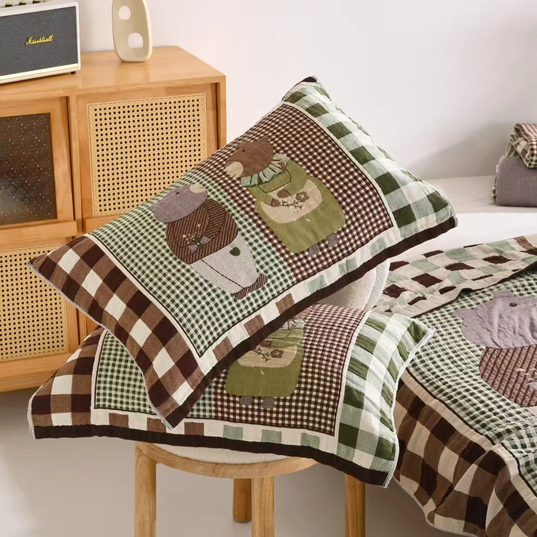 美学公式纯棉纱布枕巾一对田园风水洗棉色织（两只熊）75+52cm左右