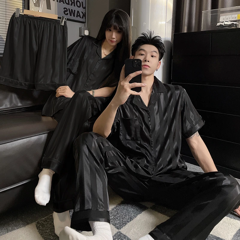 三件套情侣睡衣夏季冰丝薄款短袖新款大码250斤男女士家居服套装