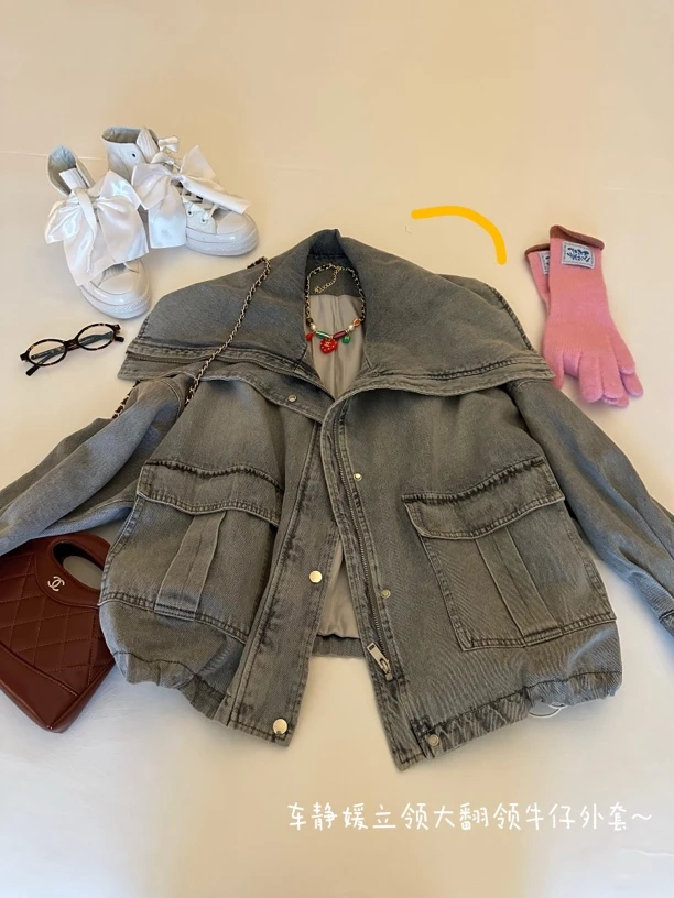 Buyfunny宝藏店铺~秋款百搭翻领时尚牛仔外套