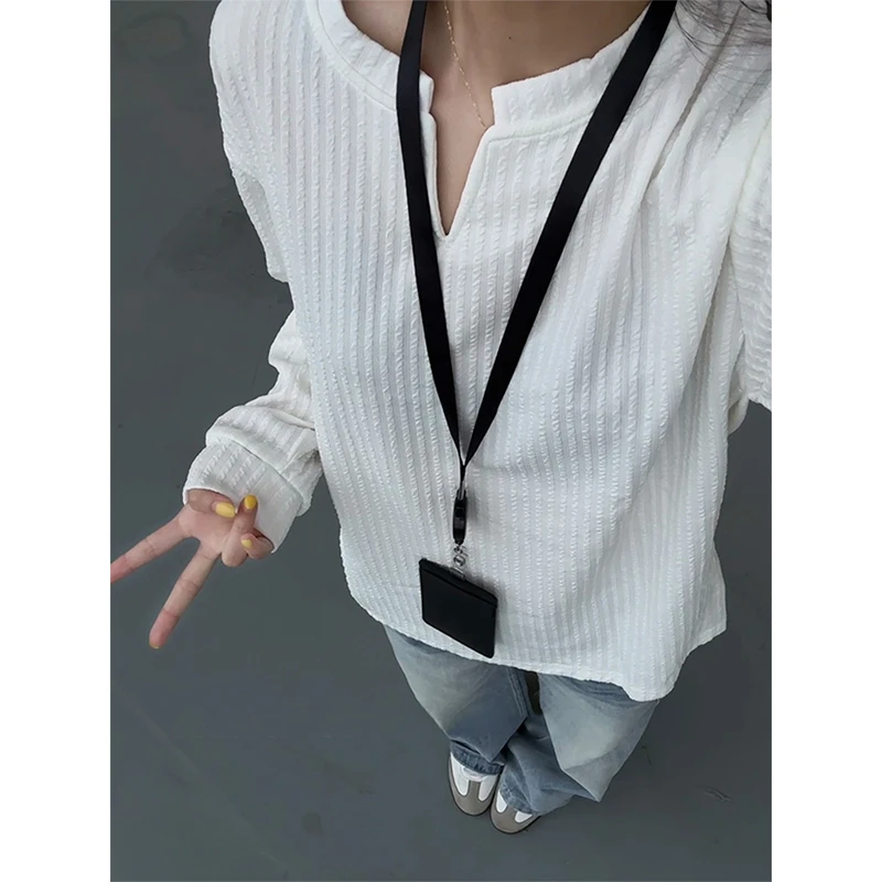 白色小香风肌理感卫衣男女秋美式慵懒风v领长袖t恤轻薄内搭打底衫