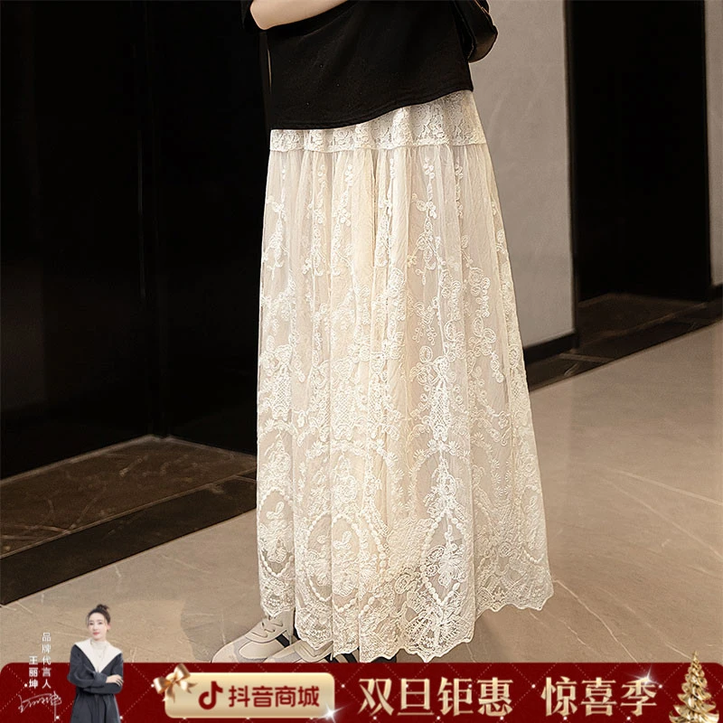 丝柏舍2025棉秋装新款女装时尚蕾丝设计长款高腰半身裙S51R0957B