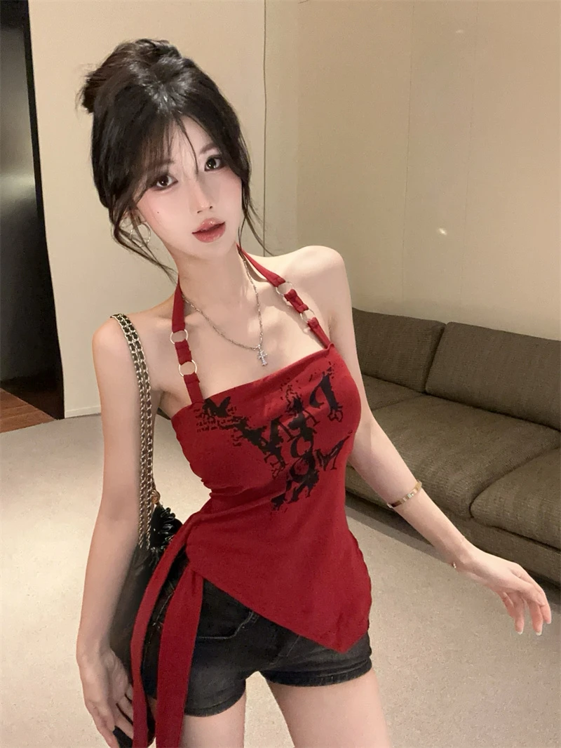 2025夏季新款美式复古性感辣妹不规则字母印花挂脖无袖吊带背心女
