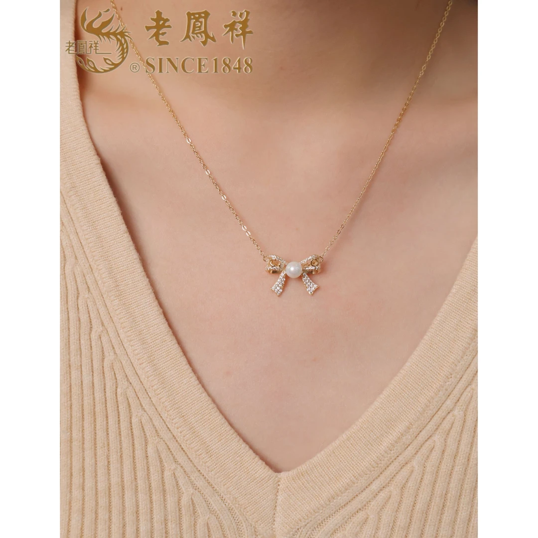 坠链均925银仿珍珠 【老鳯祥】星光蝴蝶结项链NR44007G